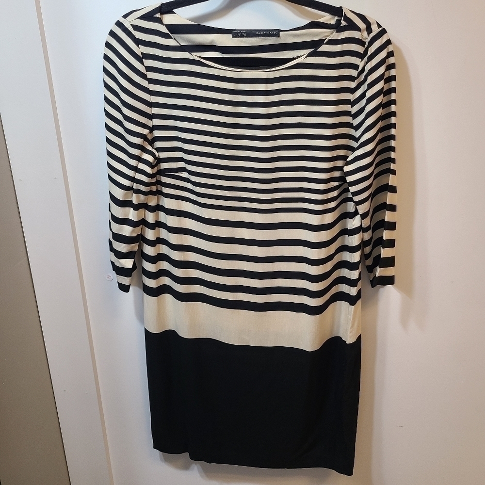 Zara Basic Ivory Black Dress Striped 3/4 Sleeve Sz Small Shift SheathExcellent - Picture 2 of 7